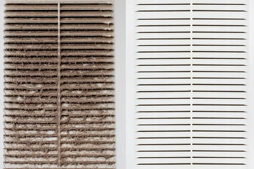 A side by side of a dirty and clean vent
