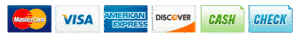 Logos for payment methods: MasterCard, Visa, American Express, Discover, Cash, and Check, shown in a row.